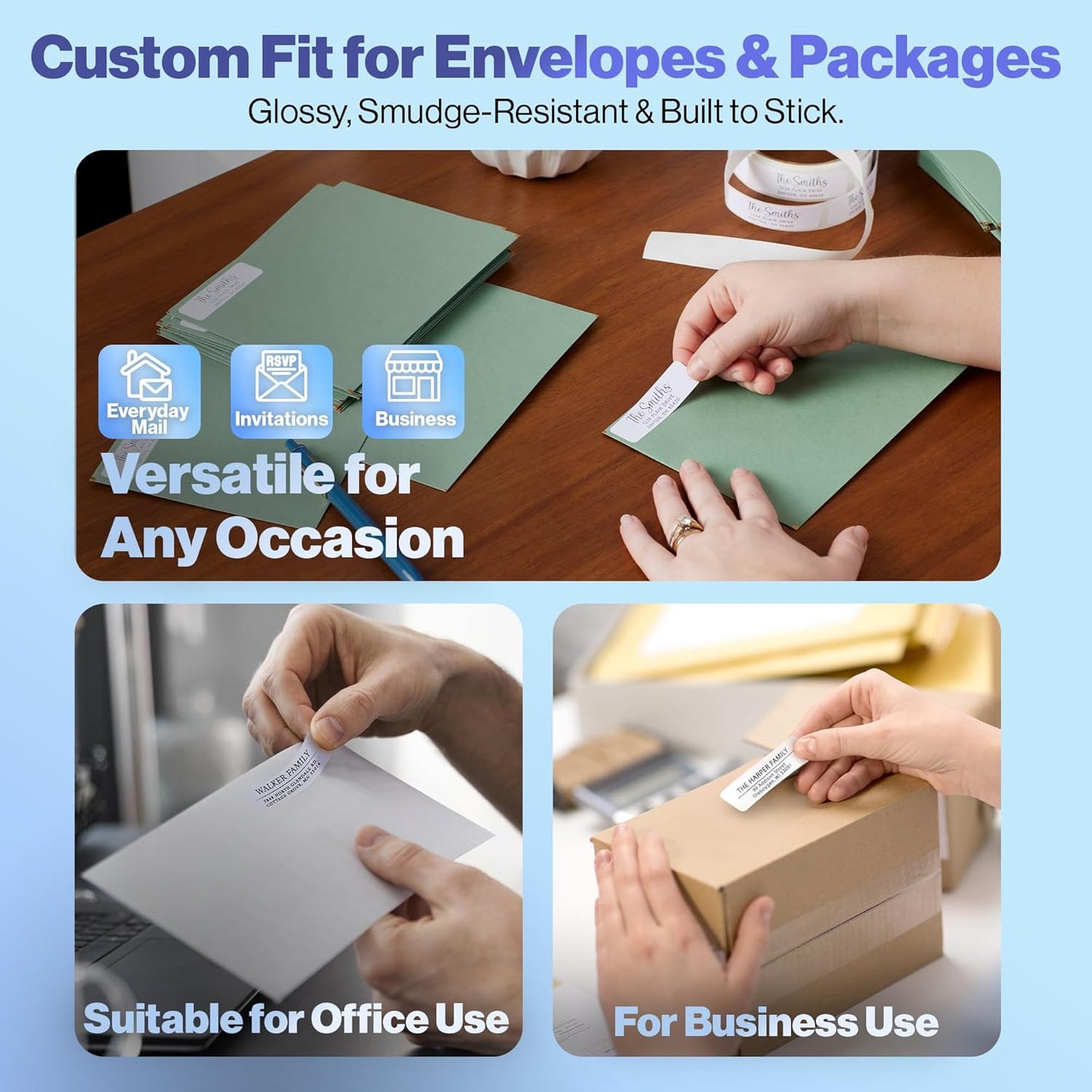 100 Personalized Address Labels - Glossy White Return Address Label 2.5" x 0.75'', Stylish Fonts for Envelopes & Packages, Customizable Labels for Home or Office Use