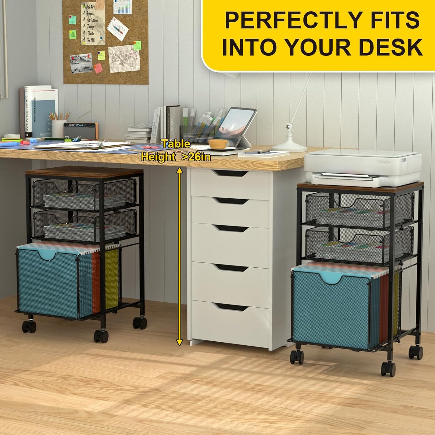 Rolling File Cart with 3 Storage Drawers, Wood & Mesh Hanging File Folder Organizer with Wheels Under Desk, File Cabinets for Home Office, 11.81" D x 14.8" W x 25.39" H, Black