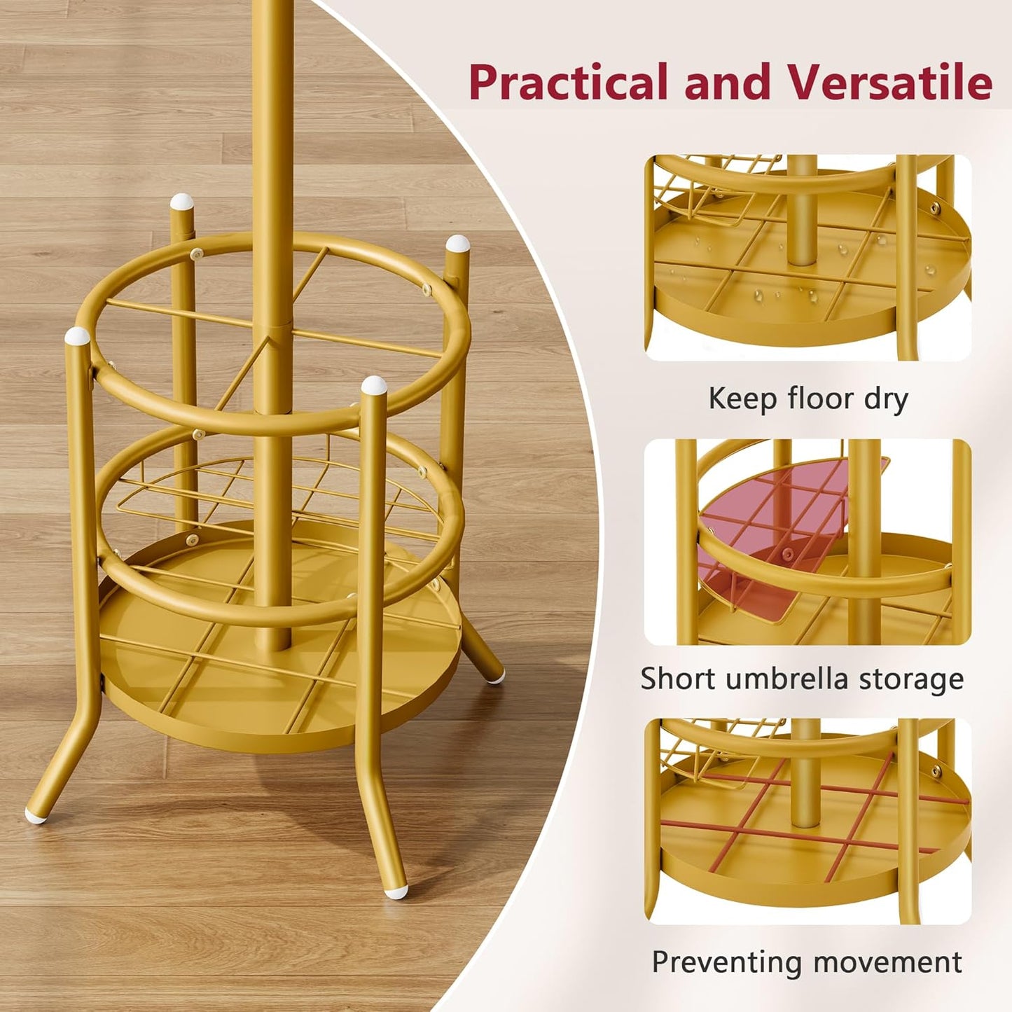 Tajsoon Coat Tree with Umbrella Holder, Coat Rack Freestanding, Coat Hangers Stand with 16 Hooks, Standing Coat Rack for Living Room, Bedroom, Office, Gold