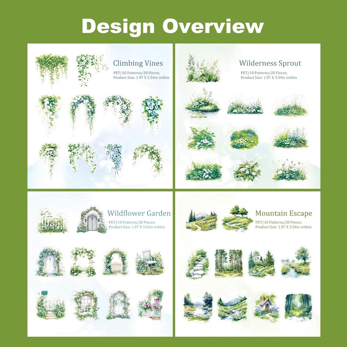 Greenery PET Sticker Set, 80PCS Nature Landscape Stickers for Scrapbooking Journaling DIY Crafts Garden Floral Decorative Supplies