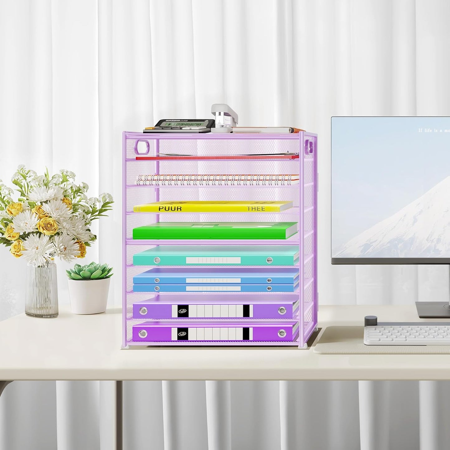 9 Tier Paper Organizer with Handle, Large Capacity Desk Organizer Mesh Paper Letter Tray File Folder Document Sorter for Classroom and Office Accessories Organization- Purple (2 Pack)