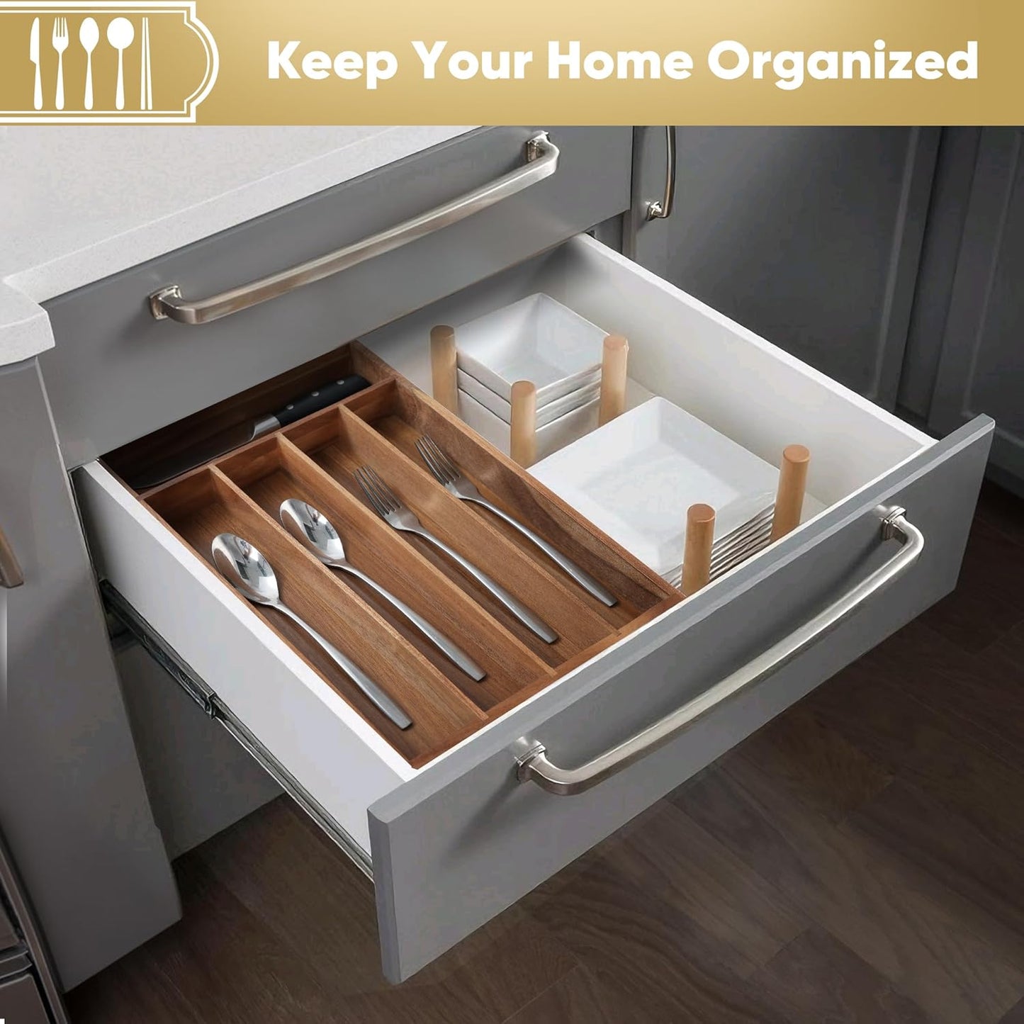 Silverware Organizer, 2 Pack 10 Inch Utensil Organizer Kitchen Drawer Organizer Acacia Silverware Holder Cutlery Tray Organizer in Drawer Flatware Organizer Tray(5 slots, Acacia）