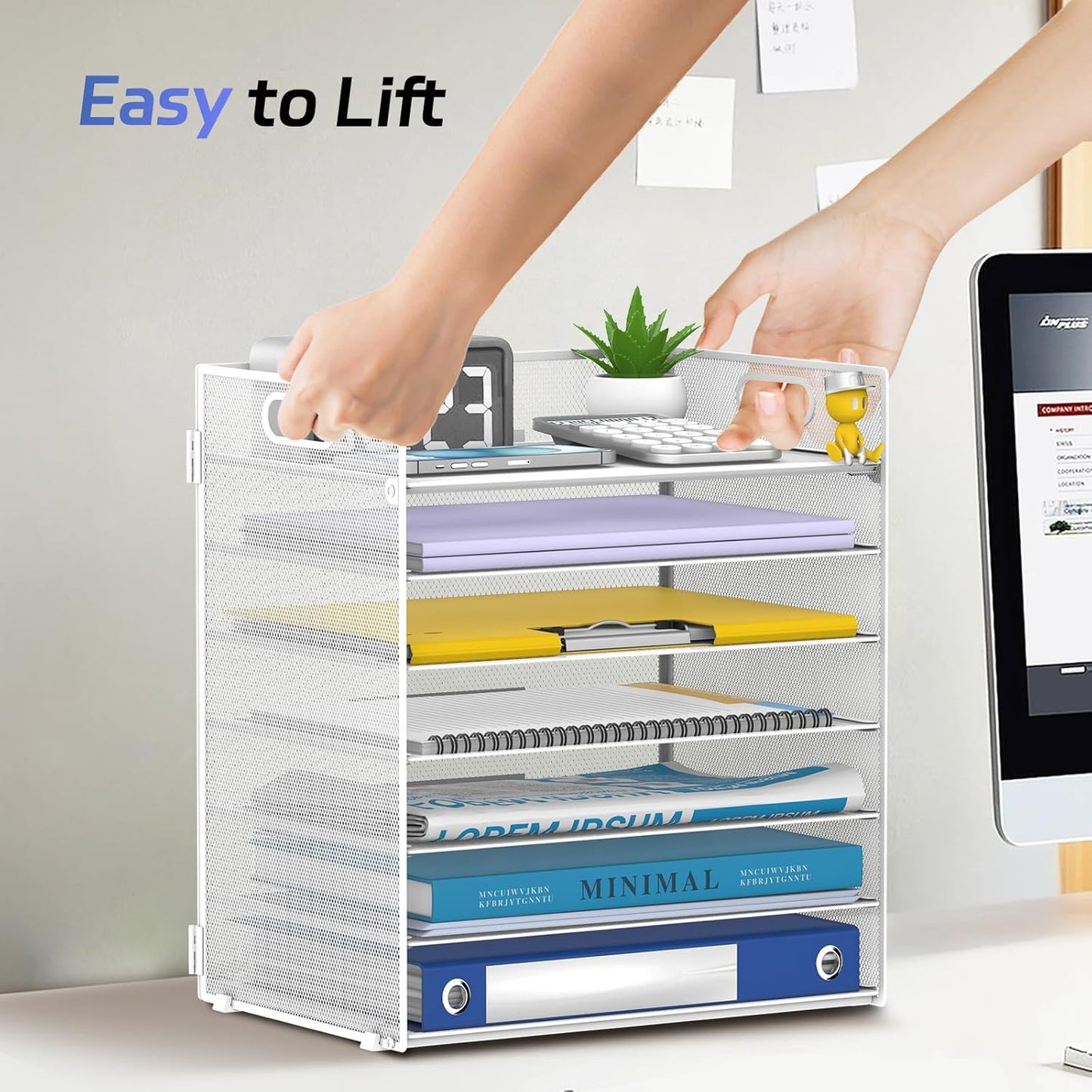7 Tier Paper Organizer - Mesh Desktop File Holder with Handles for Office School Desk, Black (White)
