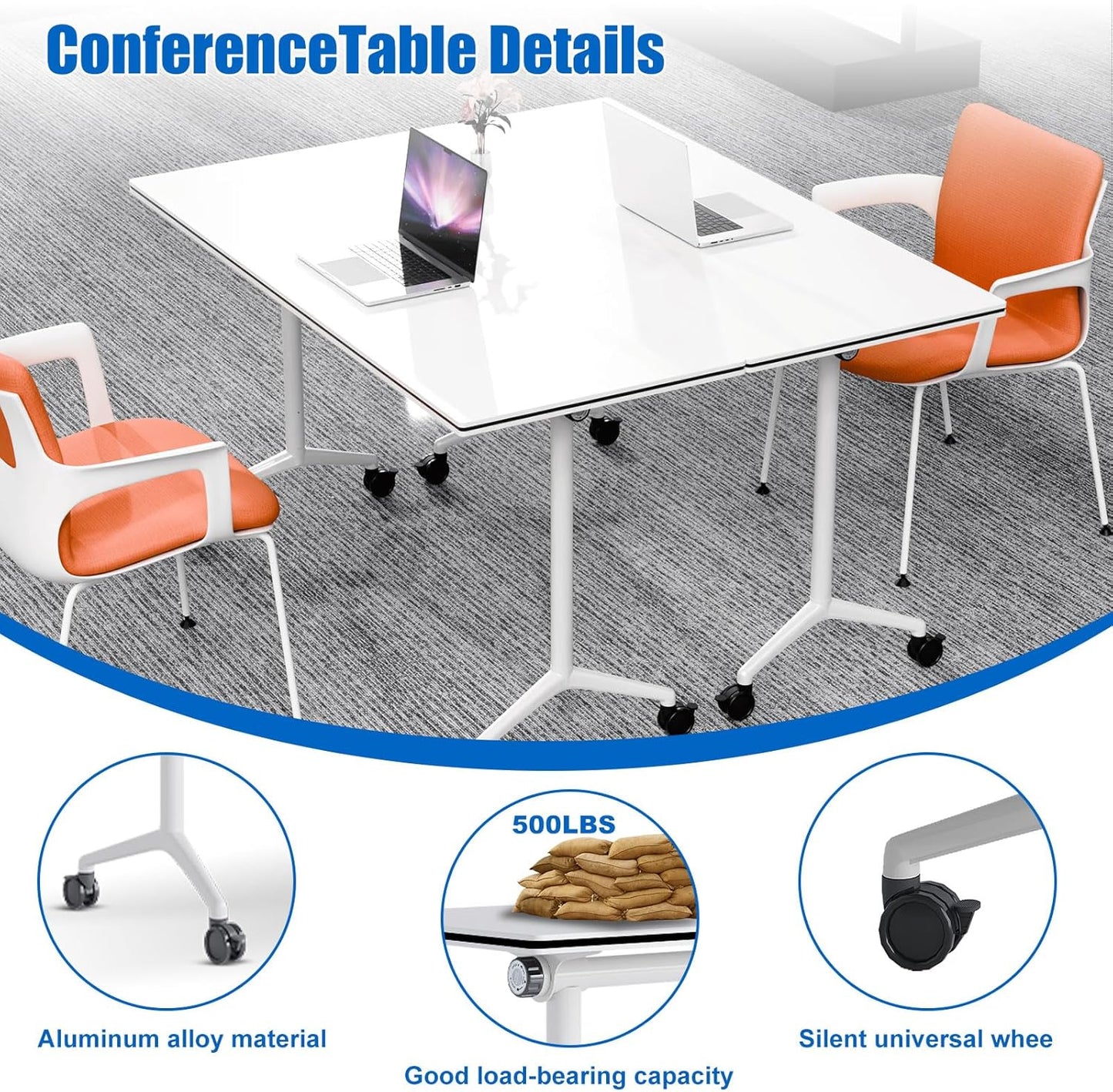 Conference Table, Folding Conference Desk Modern White, Seminar Table with Wheels, 2-10 People for Office, Meeting Break Room (6, 1915, 61IN)