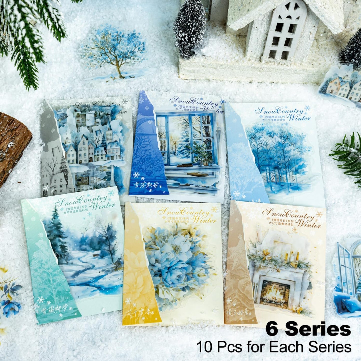 60Pcs Snow Country Winter PET Stickers, Large Landscape Stickers for Scrapbooking, DIY Crafts, Journaling, and Junk Journal Ephemera with Organizer