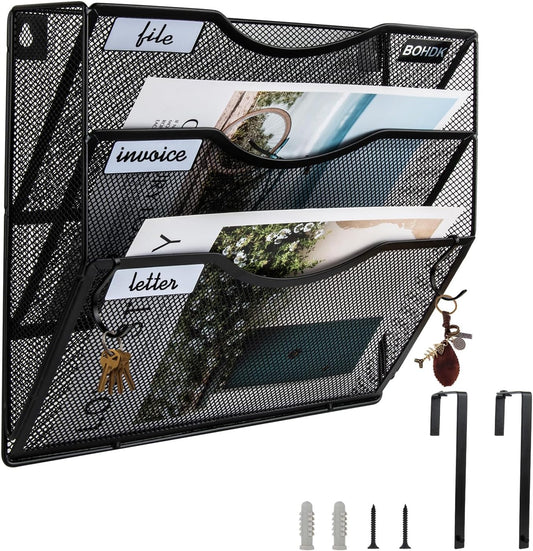 Wall File Organizer, 3 Tire Hanging File Folder Mail Organizer, Vertical Mesh Metal Door/Wall Mount Hanging File Holder, Paper Document Magazine Rack with Hooks for Home Office Black