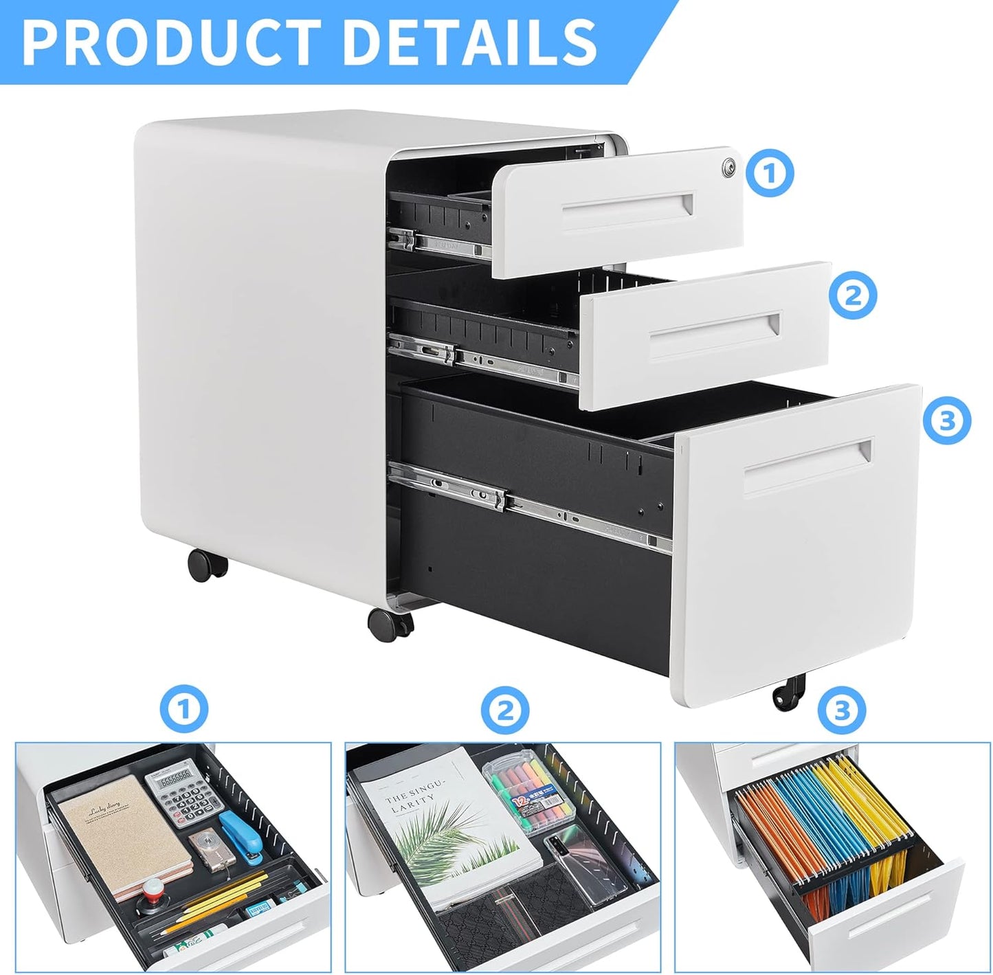 Letaya File Cabinet, 3 Drawer Filing Cabinets for Home Office with Lock Mobile Under Desk Fully Assembled Cabinet (White)