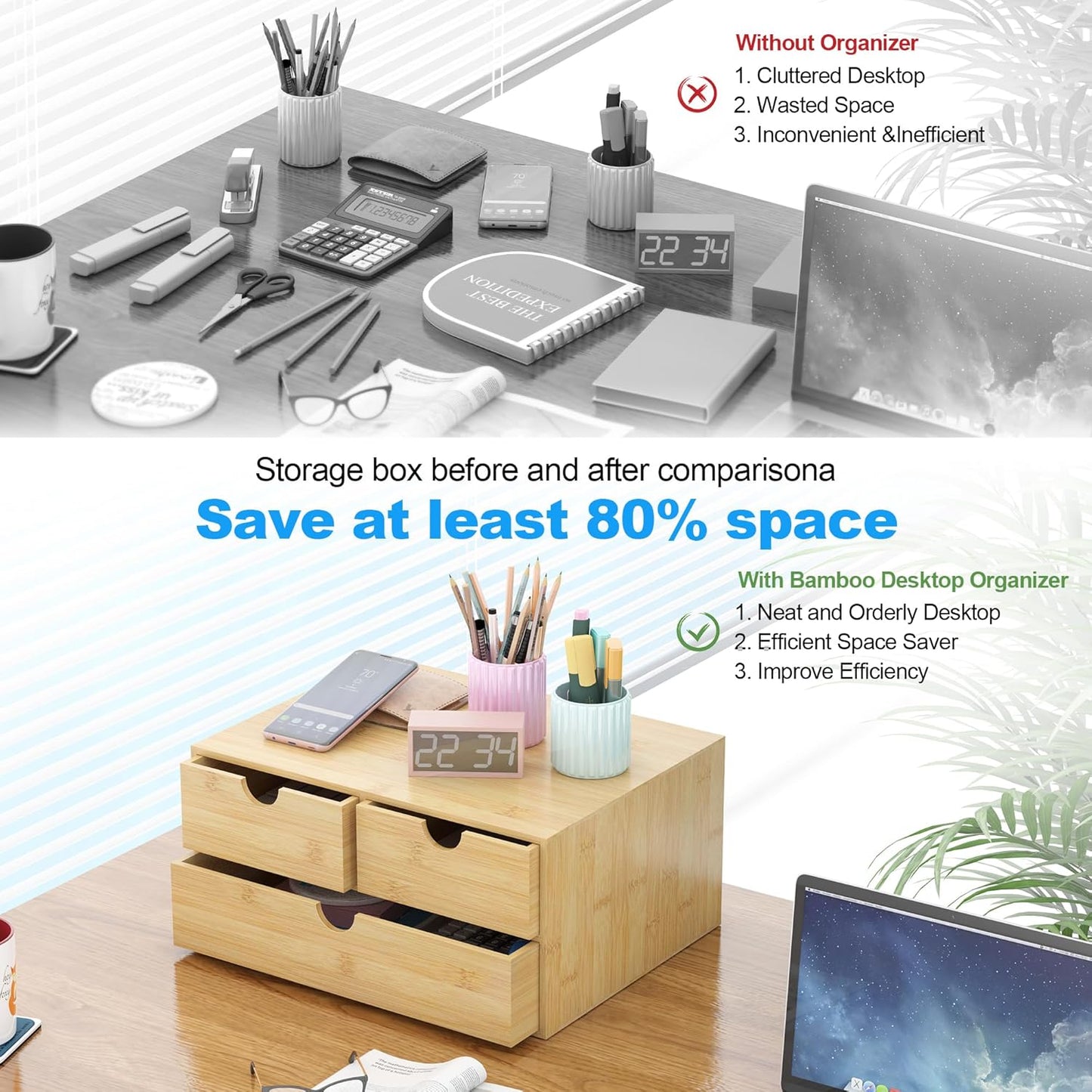 Bamboo Desk Drawer Organizer, Large Desktop Organizer with Drawers Tabletop Storage Organization Box for Office Home Toiletries Supplies Vanity, No Assembly Required (L-3 Drawers)