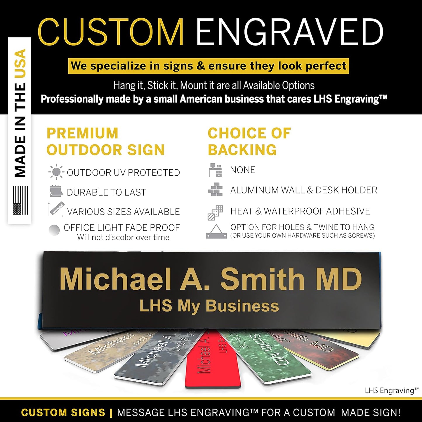 Engraved Door Signs for Office Personalized Black Plastic Door Plaque Gold Letters - Made in USA 2x8 B3