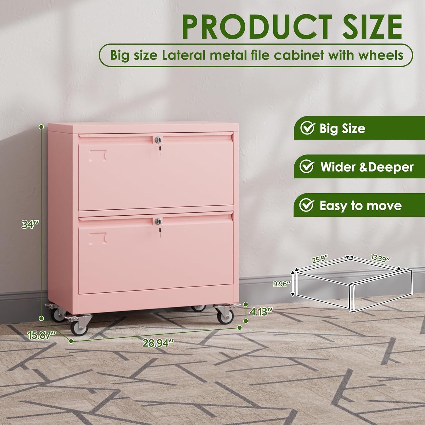 Aobabo 2 Drawer Wide File Cabinet with Wheels, Lockable Metal Filing Cabinet for Home Office, Legal/Letter Size,Pink,Required Assembled,15.87" D x 28.94" W x 34" H