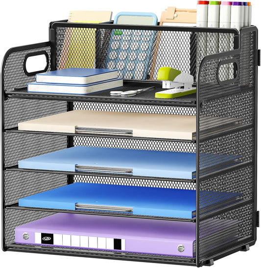 Marbrasse 5 Tier Paper Organizer with 3 Pen Holders, Mesh Desk File Organizer with Handle, Paper Sorter Desk Organizer for Home Office Supplies(Black)