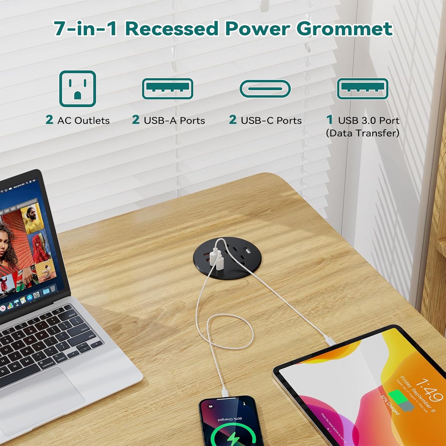QBA Recessed Power Grommet with USB-C 35W, Desk Charging Station with 2 AC Outlets, 4 USB Ports, 3 Inch Flush Mount Power Outlet for Home Office Furniture