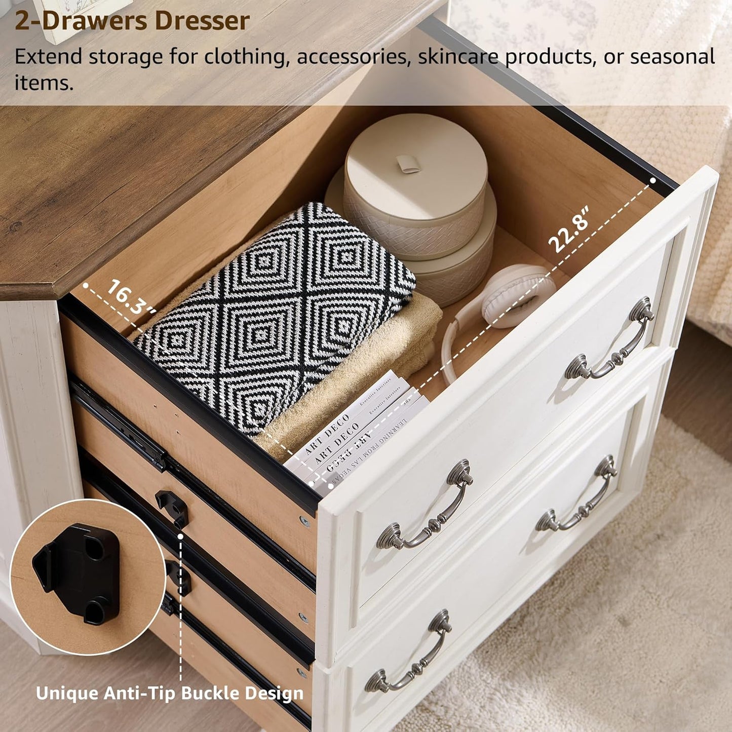 T4TREAM 2 Drawer File Cabinet-30 Wide Wooden Extended Desktop, Farmhouse Filing Cabinet with Smooth Rails, Holds Letter/Legal/A4, Hexagonal Design & Framed Drawer Fronts, Antique White