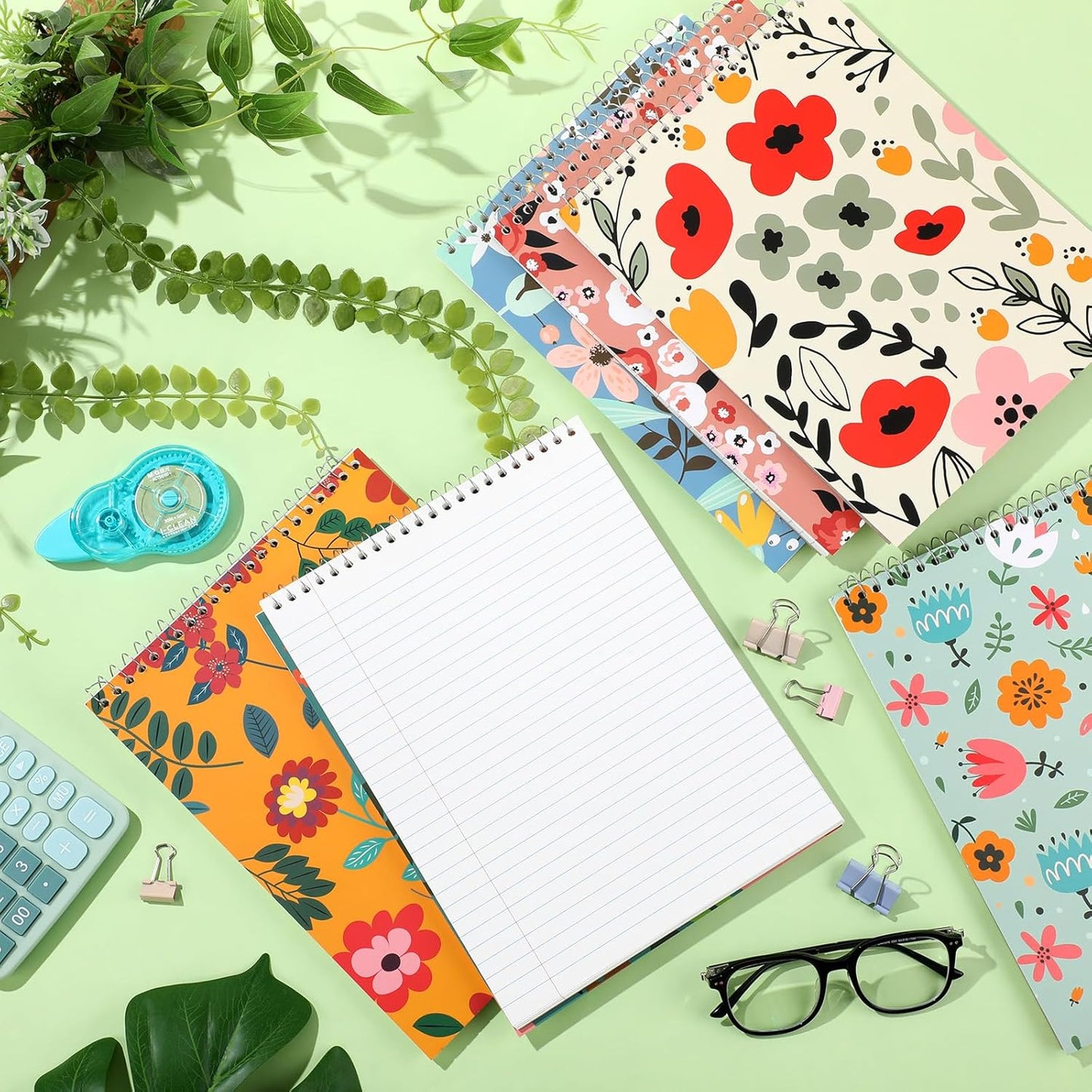 6 Pack 8.5 x 11'' Top Bound Office Steno Book Wide Ruled Double Sided Spiral Notebooks Reliable White Paper 70 Sheets/Pad Pastel Colors Covers for Writing School Notes (Floral Color)