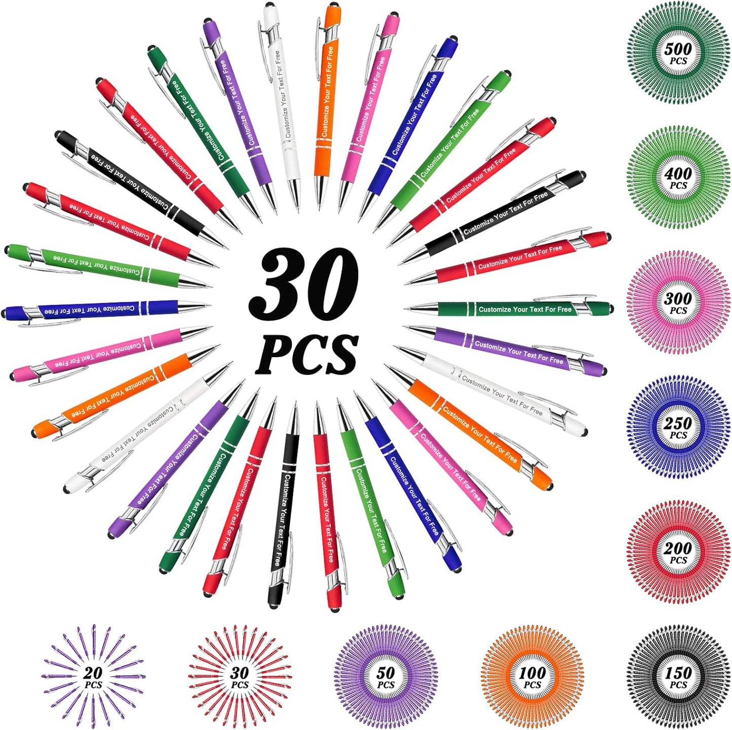 Max 500 Pcs Personalized Pens Bulk, Custom Pens with Free Engraving, Customized Stylus Tip Ballpoint Pen with Your Name Massage Text for School Office Business Graduation Anniversaries-30 Packs