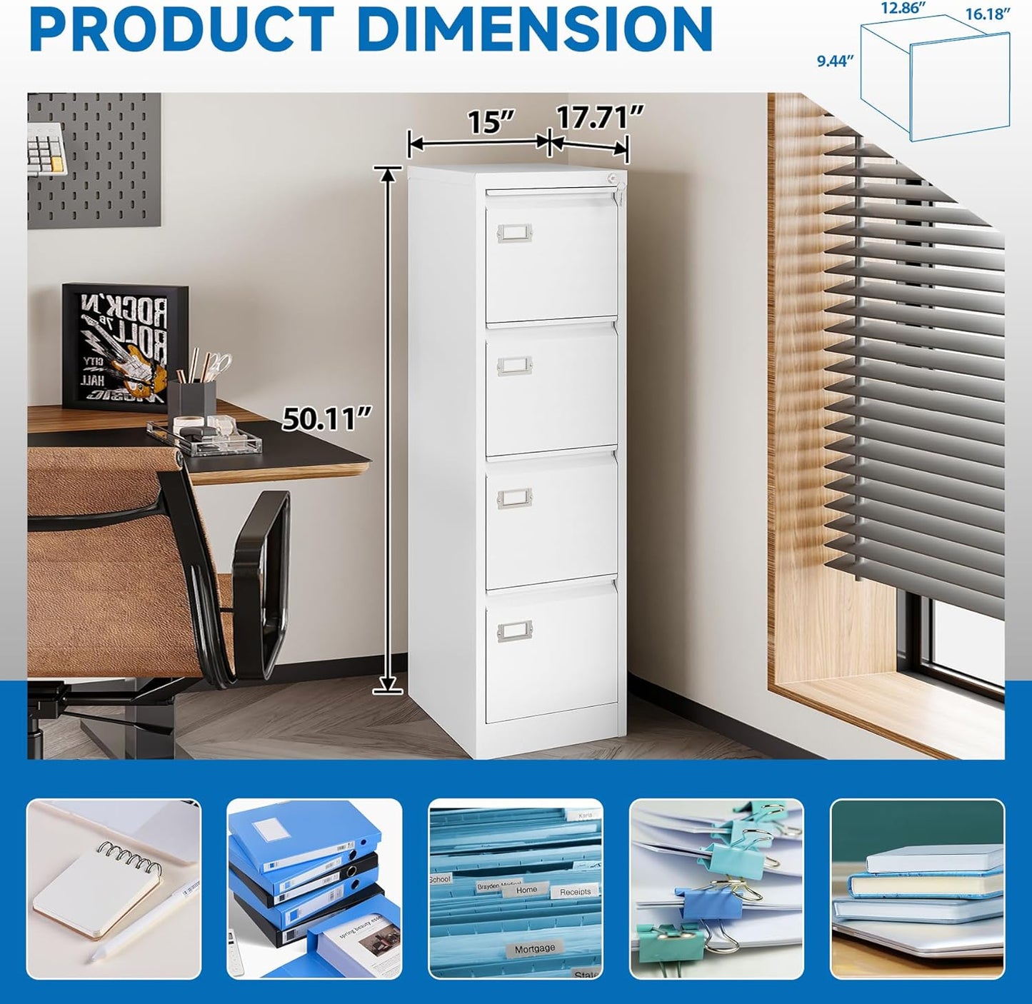 4 Drawer File Cabinet with Lock Metal Vertical File Storage Cabinet Office Home Steel Vertical File Cabinet for A4 Legal/Letter Size Narrow File Cabinet Locked,Assembly Required