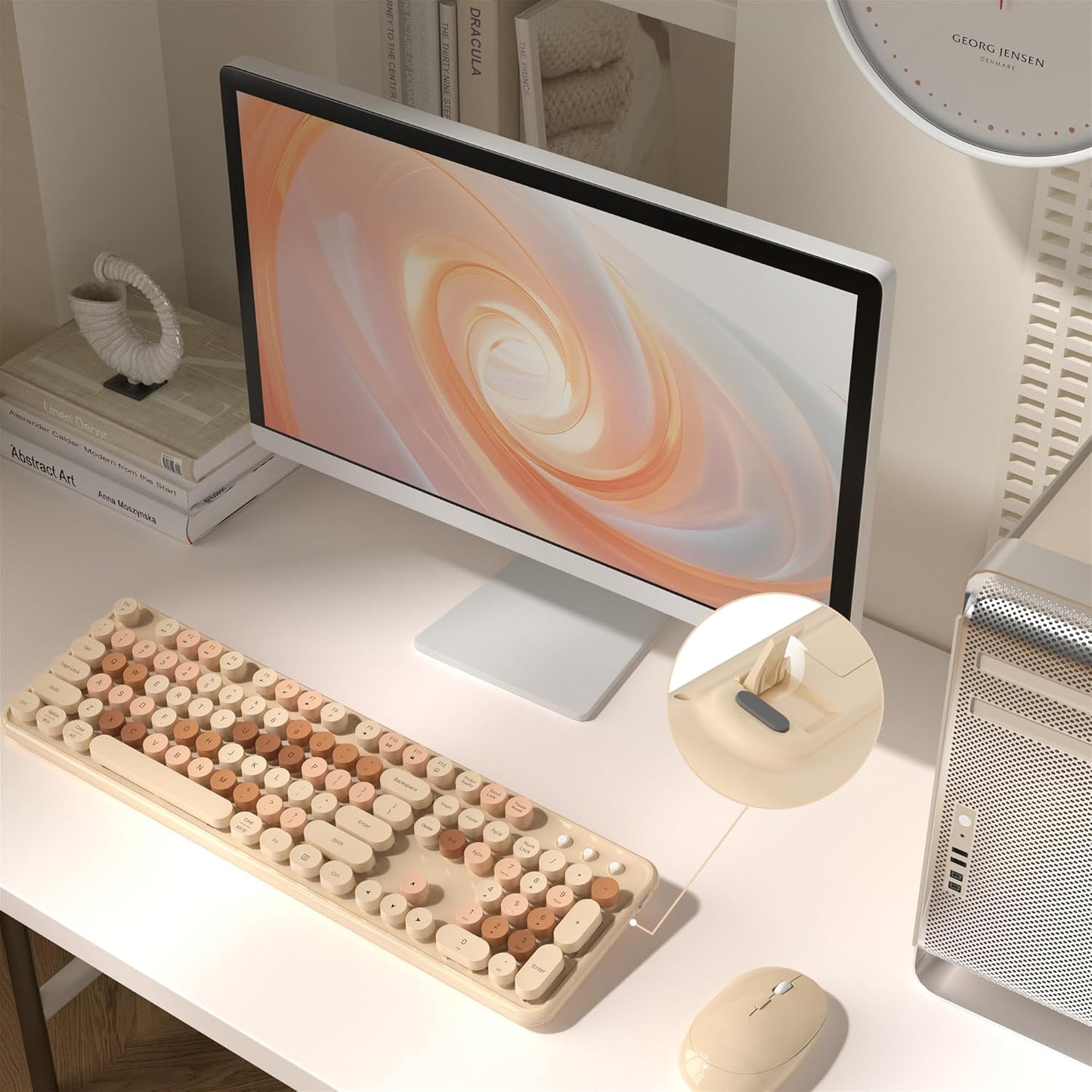 Colorful Wireless Computer Keyboard and Mouse Combo with Round Typewriter Keycaps, Retro Design, Power Switch, Ergonomic Design, 2.4GHz Wireless for Windows, Mac, PC(Milk-Tea Colorful)