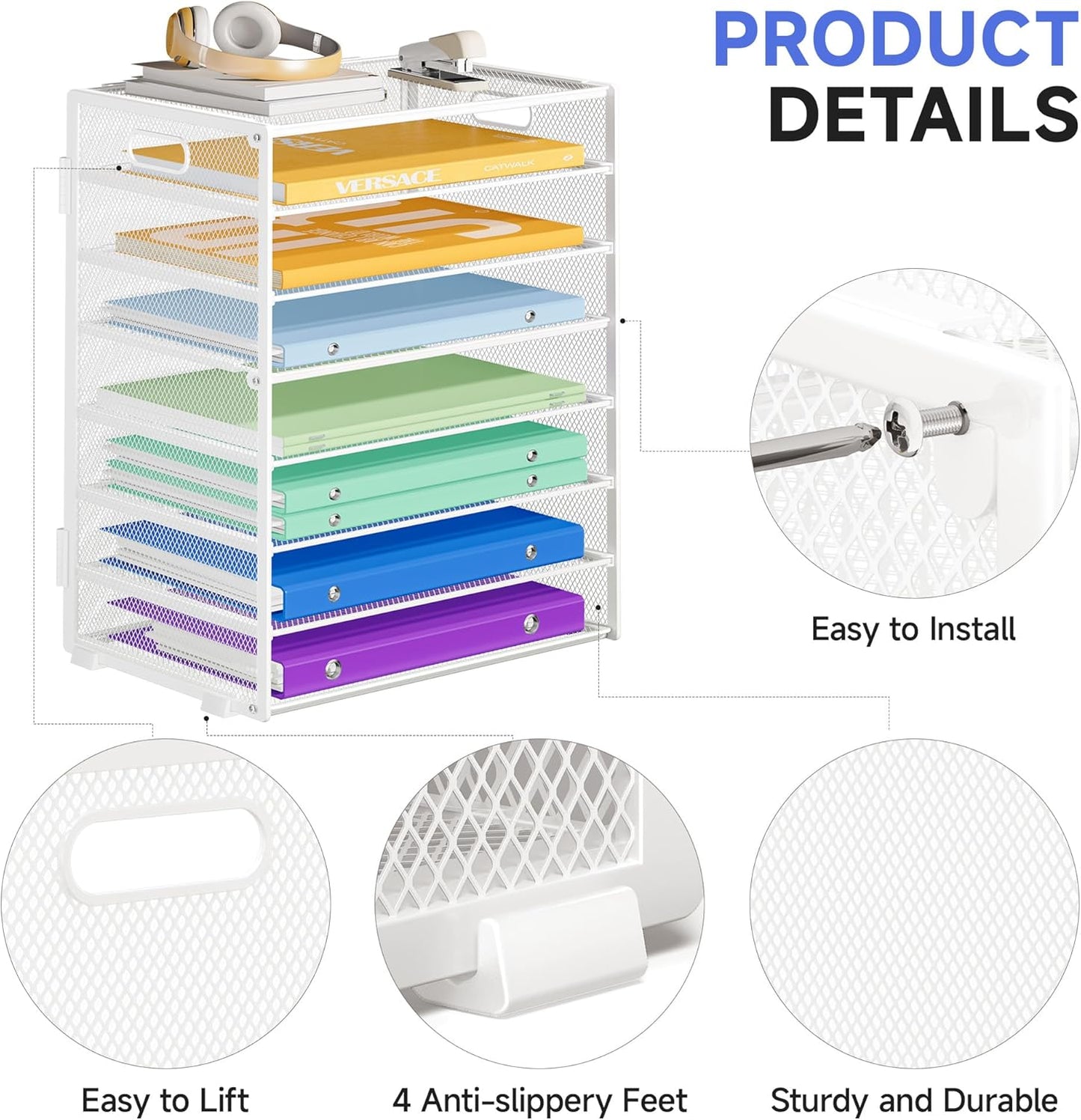 2 Pack 8 Tier Paper Organizer with Handle, Metal Mesh Desk File Organizer, Large Capacity Desk Organizers Paper Letter Tray Desktop Document Sorter for Office, Home or School - White