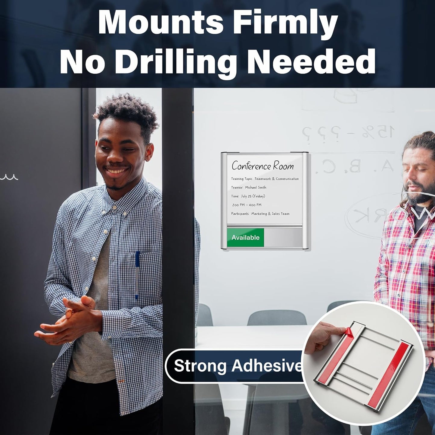 Conference Room Door Sign with Slider – Office Door Sign for Meeting Room, Brushed Silver Writable Whiteboard Panel, DIY Custom Insert, Fingerprint-Resistant, Self-Adhesive Mount, Clear Status Display, Rounded Corners