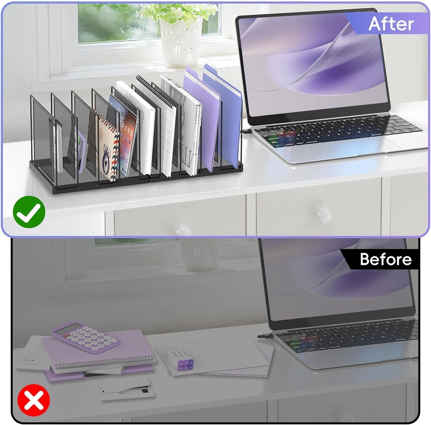 9-Section Desk File Organizer, Vertical File Holder, Mesh Desktop File Folder Metal File Organizer Stand for Office Home Classroom, Black, 2 Pack