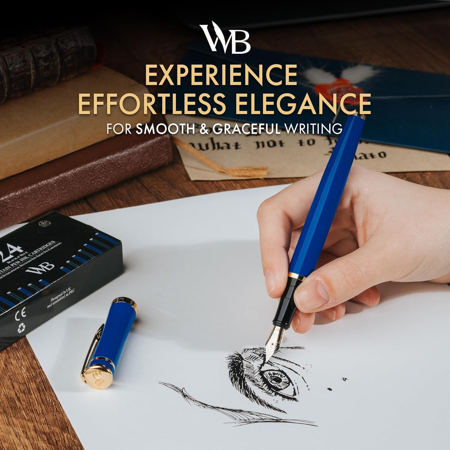 Wordsworth & Black Fountain Pen Set, 18K Gilded Extra Fine Nib, Includes 24 Pack Ink Cartridges, Ink Refill Converter & Gift Box, Gold Finish, Calligraphy, [Imperial Blue], Perfect for Men & Women