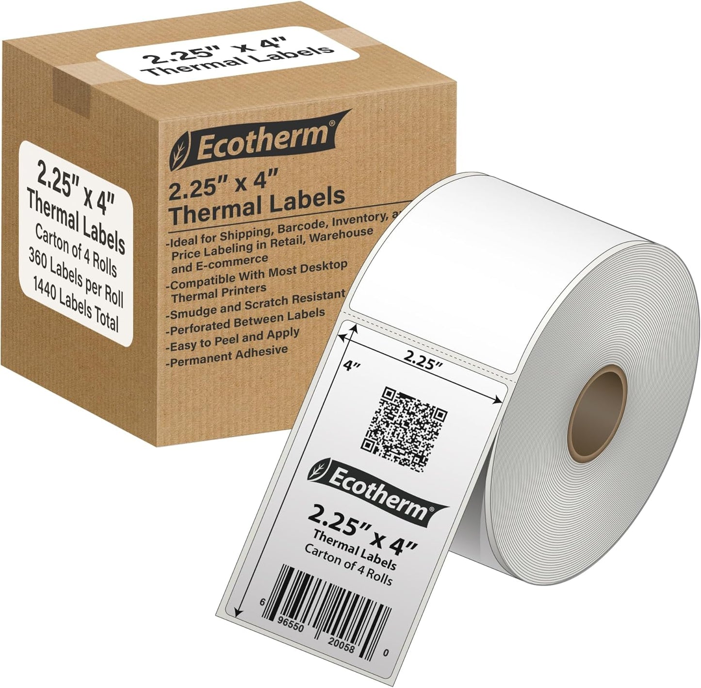 2.25" x 4" Thermal Labels | 4 Rolls | 1440 Labels | fits Zebra, Munbyn, Rollo, Godex, Arkscan, iDPRT, Offnova Thermal Label Printers and More | Blank White Adhesive Stickers by Ecotherm