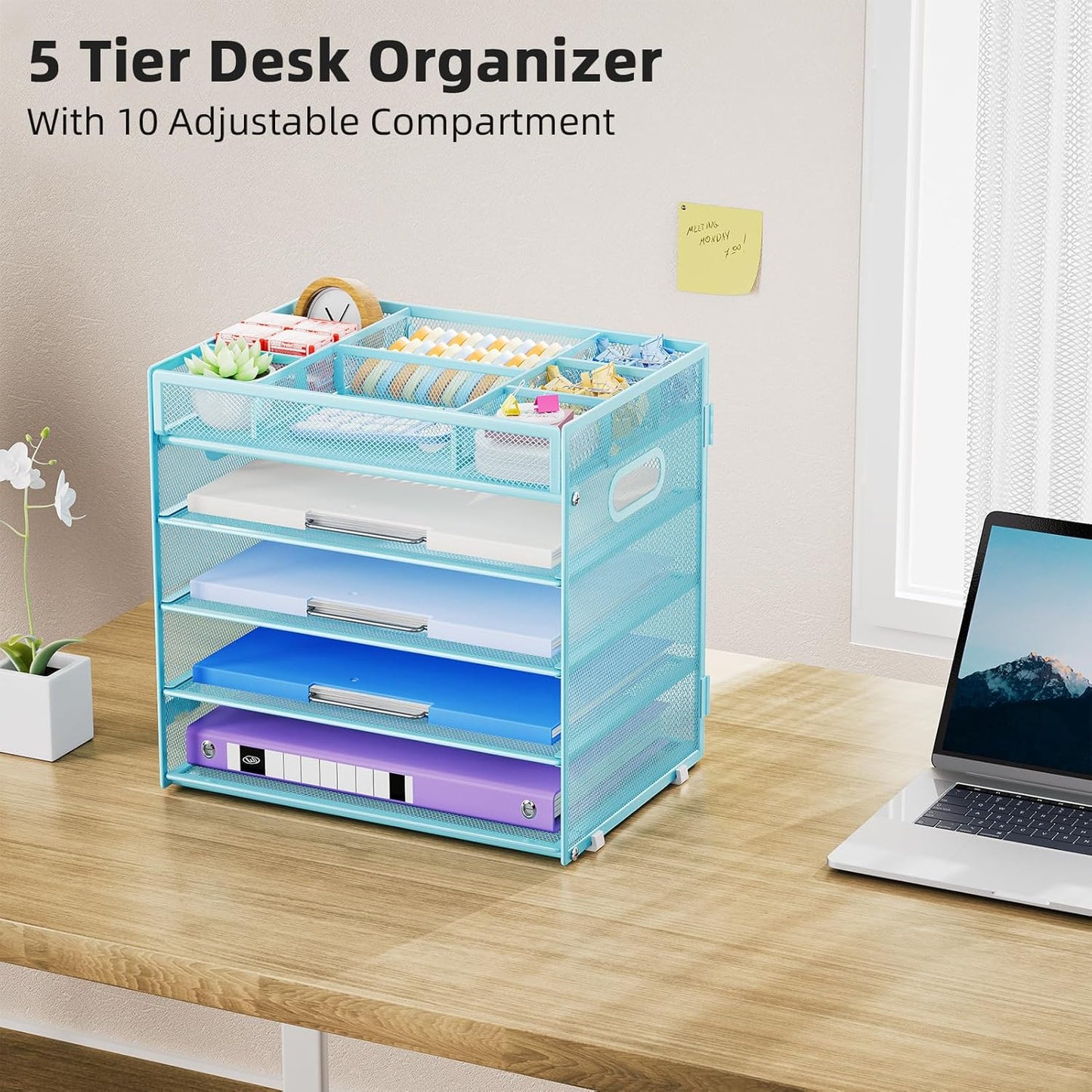 Marbrasse 5-Tier Letter Tray Paper Organizer with Handle, Multi-Functional Mesh File Organizer for Desk, Adjustable Compartments Mesh Desktop Storage for Office Supplies,Blue