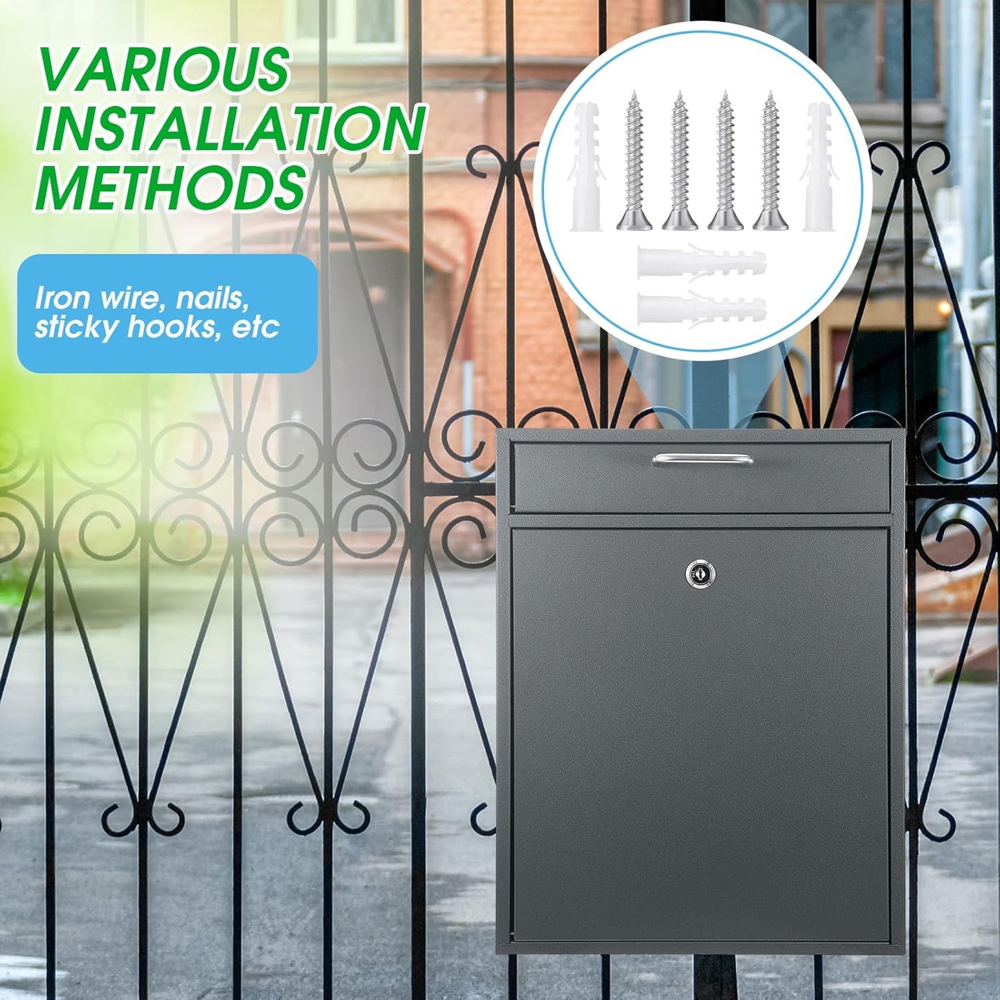 Locking Mailbox with Key for Outdoor 18 x 15 x 7 Inches Large Wall Mount Mail Box with Lock Security Mail Drop Metal Collection Boxes Hanging Secure Postbox(Dark Gray)