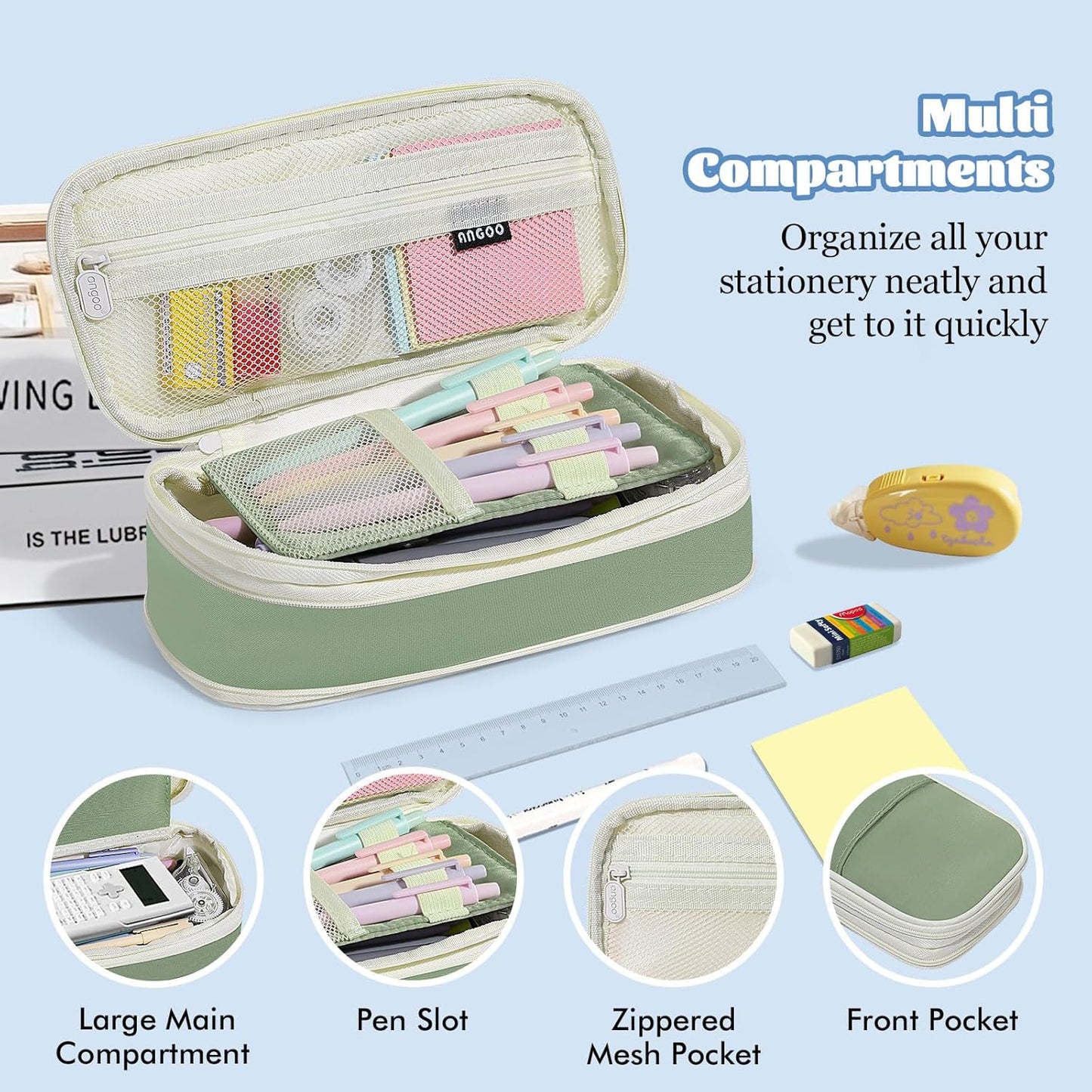 MoKo Large Capacity Pencil Case, Aesthetic Pencil Pouch Bag with Zipper, Cute Pen Case Stationery Organizer Holder for Office/School Supplies, Back to School Gift, Green