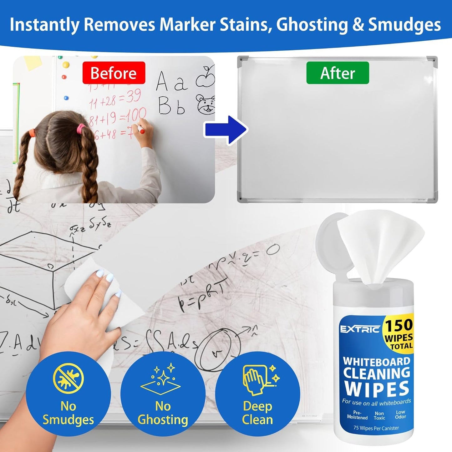 EXTRIC Whiteboard Cleaning Wipes, 150 Count Dry Erase Wipes Pre-Moistened, Non-Toxic, Low Odor White Board Cleaner 75 Per Canister + 75 Refill Pack Ideal for Classroom, School, Office