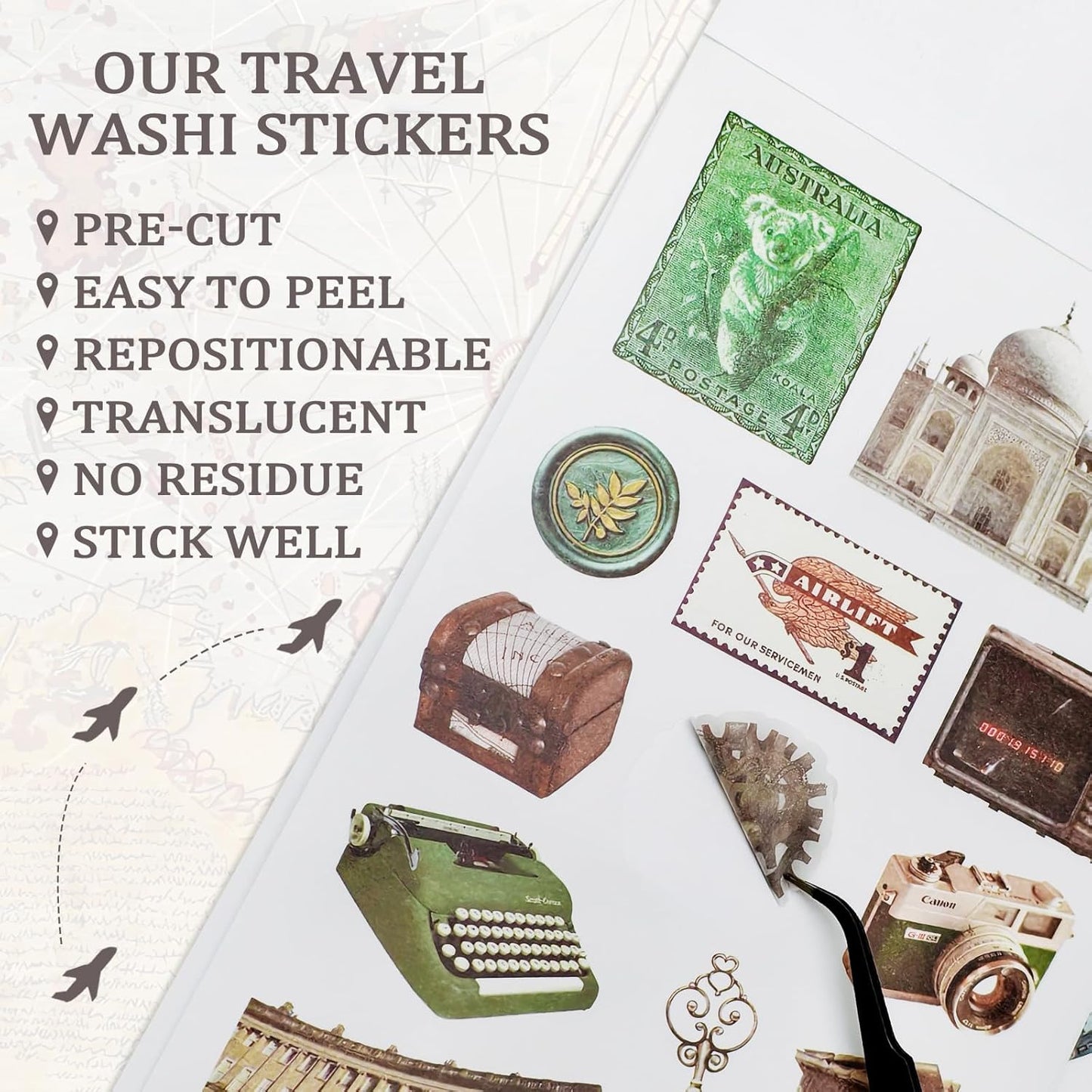 Travel Sticker Book, 32 Sheets 377 Pcs Vintage Aesthetics Stickers & 20 Sheets Washi Paper for Journaling Scrapbooking Bullet Journals Planners Letter Card Making