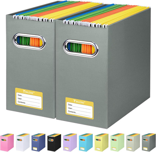 BALEINE File Organizer Box, Cardboard File Folder Organizer with Handle for Letter Size, Portable Collapsible Hanging Filing Box for Home Office Document Storage (2 Pack, Grey)