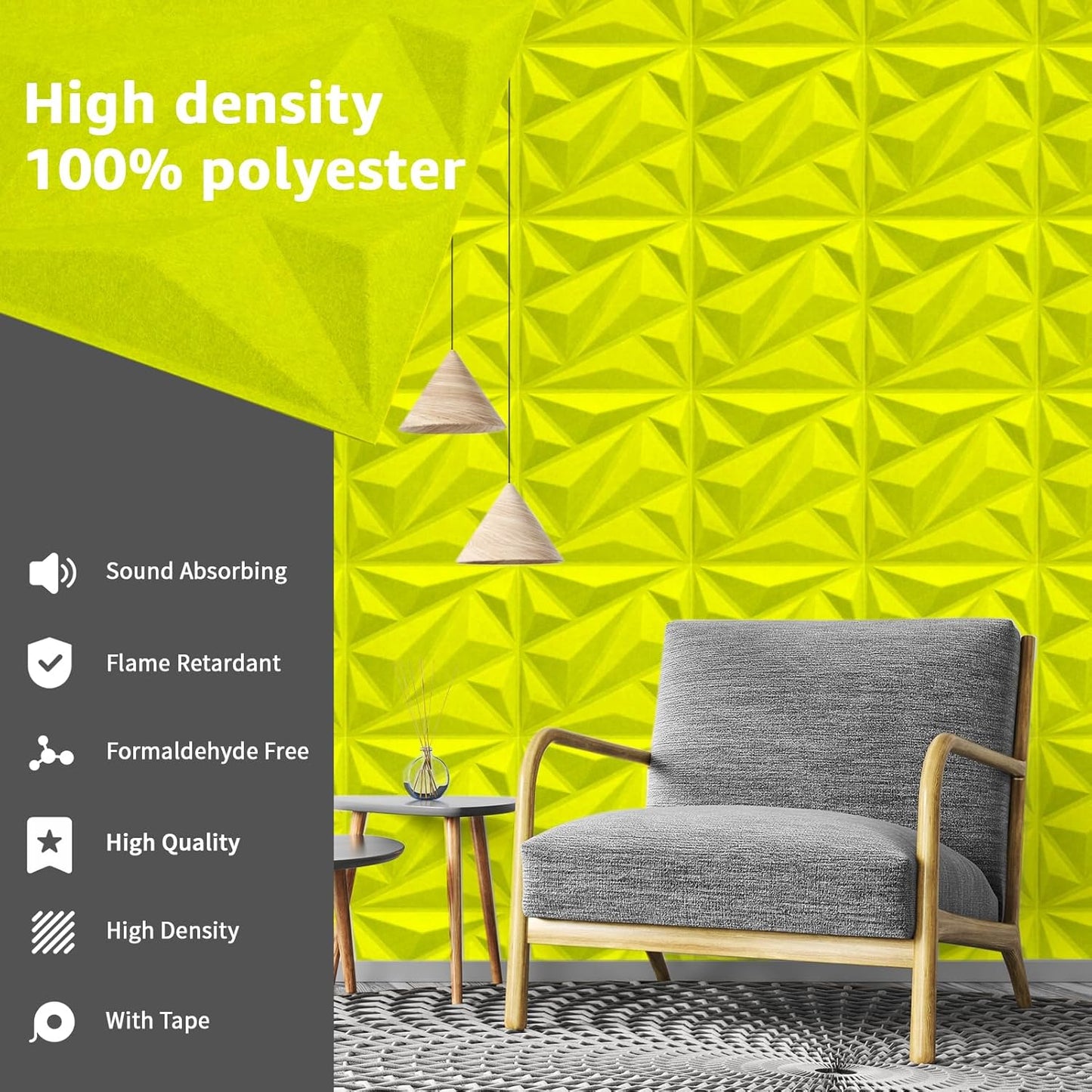 Art3dwallpanels Acoustic Panels 20 Pack Soundproof Wall Panels Acoustic Sound Dampening Panels, 3D Wall Panels Sound Absorbing Panels, 12" X 12", Fluorescent Green with Tape