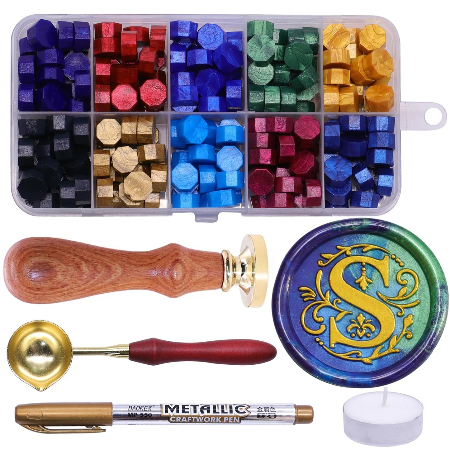 SWANGSA Initial Alphabet S Wax Seal Stamp Kit, Classic Retro Letter Sealing Stamp with 200pcs Sealing Wax Beads Kit for Wedding Invitations Cards Envelopes (S)