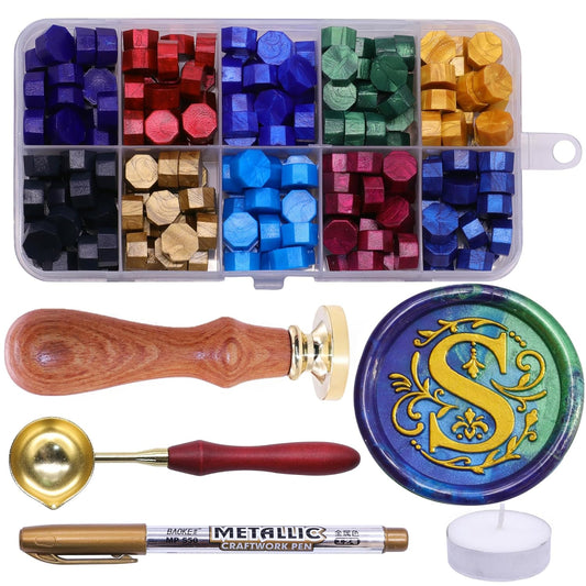 SWANGSA Initial Alphabet S Wax Seal Stamp Kit, Classic Retro Letter Sealing Stamp with 200pcs Sealing Wax Beads Kit for Wedding Invitations Cards Envelopes (S)