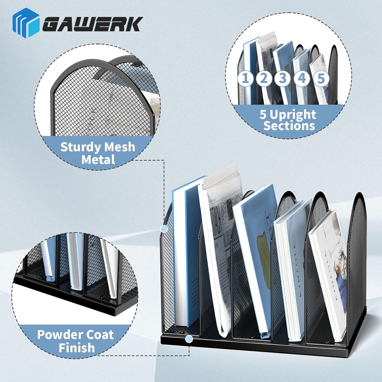 5-Section Vertical Desktop Organizer, 5-Section Mesh File Folder Stand Sorter for Office Home Classroom Organization (2, Black)