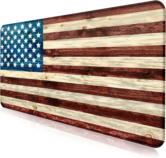 Personalized American Flag Wood Grain Computer Keyboard Desk Pad, Cute Female Office and Study Full Desk Extended Mouse Pad 35.4 x 15.7 Inches