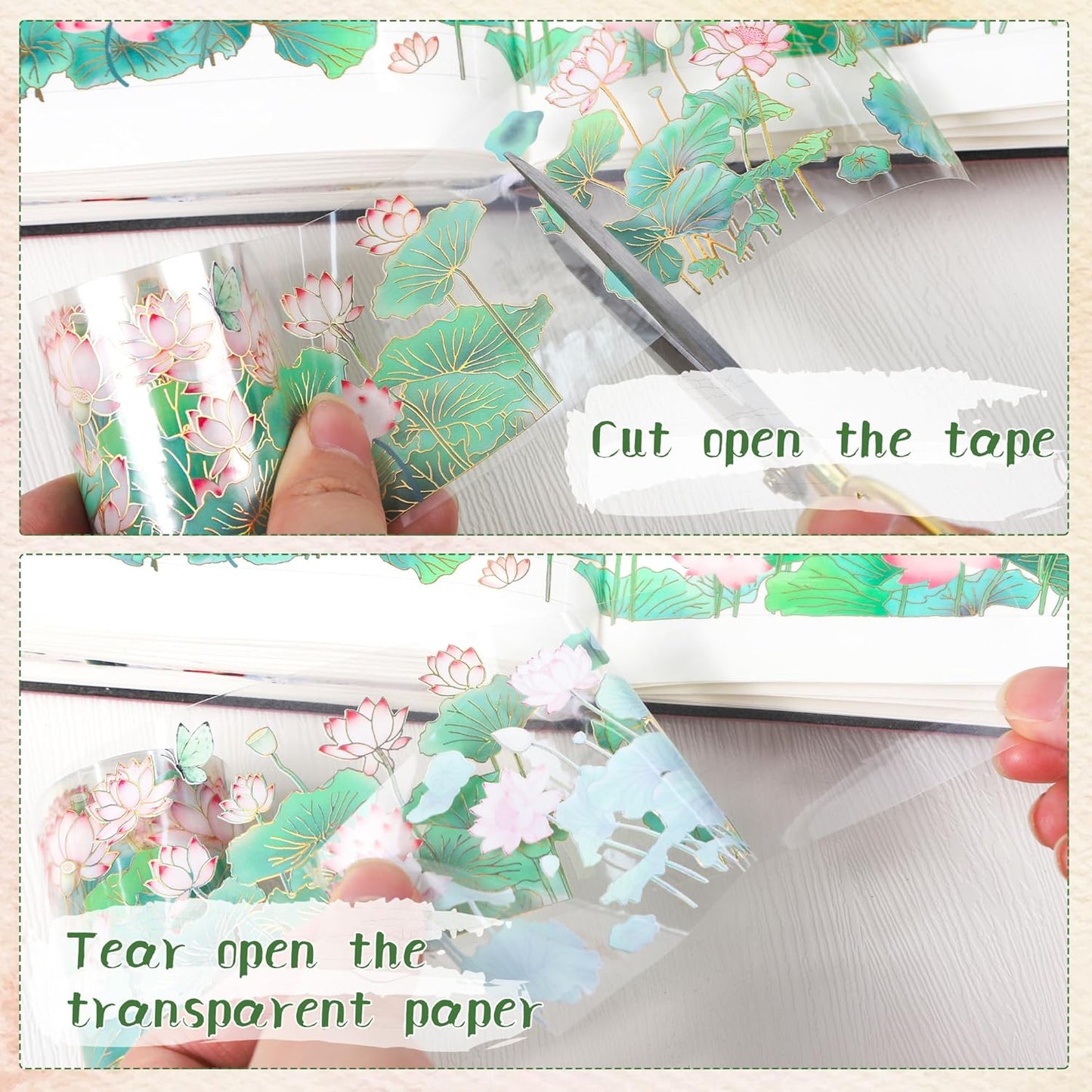 PET Tape for Journal Scrapbooking - Green Pink Lotus Journal PET Tape Scrapbook Supplies, Scrapbook Notebook Bottle Crafts Décor