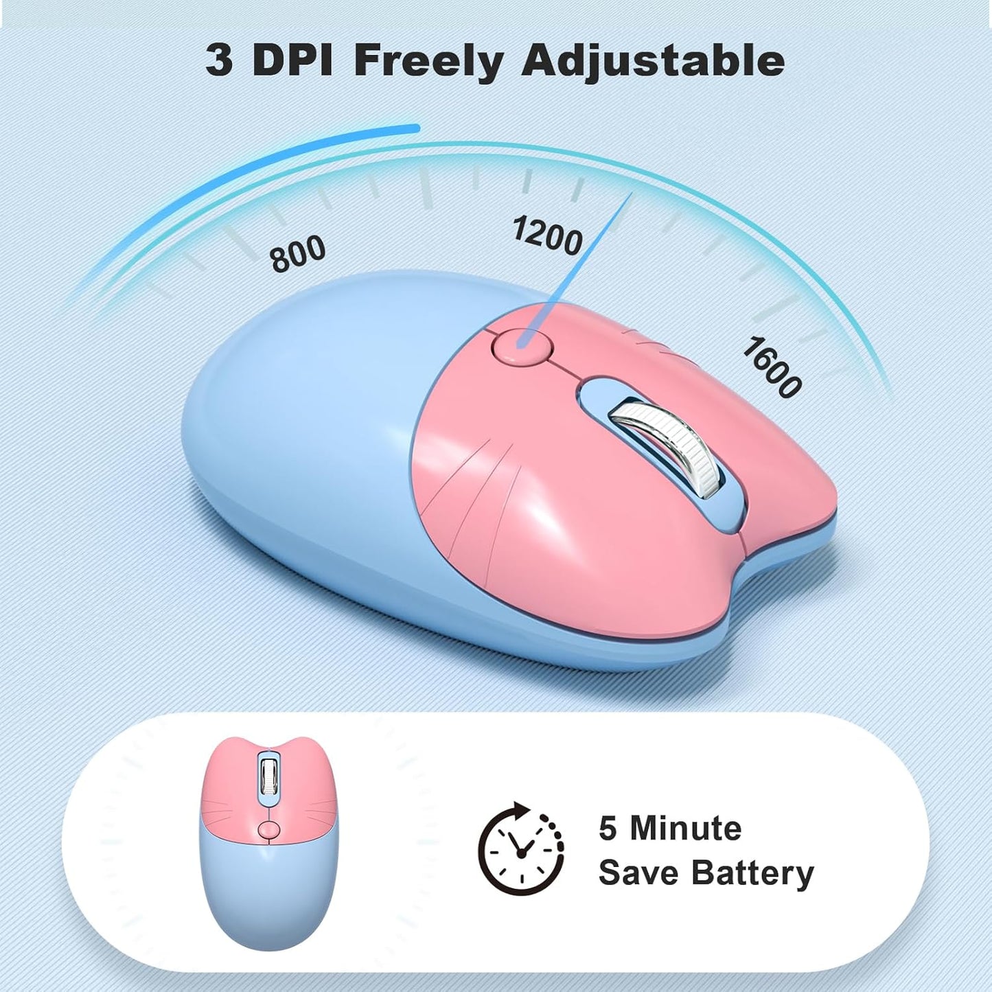 Wireless Keyboard and Mouse Combo, Typewriter Retro Keyboards with Cute Cat Shaped Wireless Mouse, 2.4 GHz USB Receiver Plug and Play for Windows, PC, Laptop, Desktop (Blue Colorful)