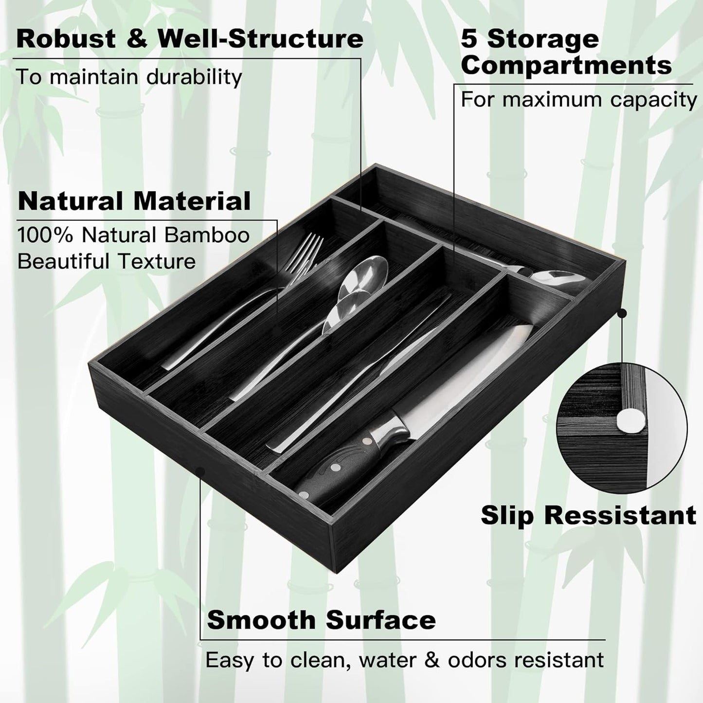 Silverware Organizer Bamboo Kitchen Drawer Organizer Utensil Organizer Silverware Holder Cutlery Organizer in drawer Flatware Organizer Tray (Black 5 Slots)