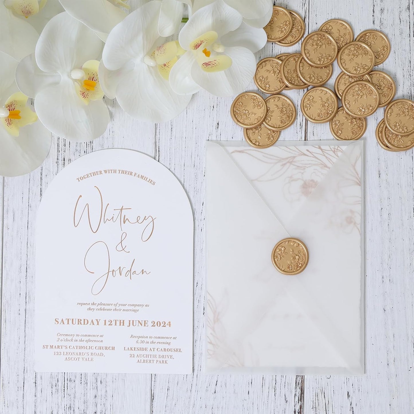 UNIQOOO Wax Seal Stickers - 3D Begonia Wedding Invitation Envelope Botanical Seal Stickers, 50 Pcs Self- Adhesive Light Gold Stickers, Perfect for Invitation, Christmas, Gift Wrapping, Party