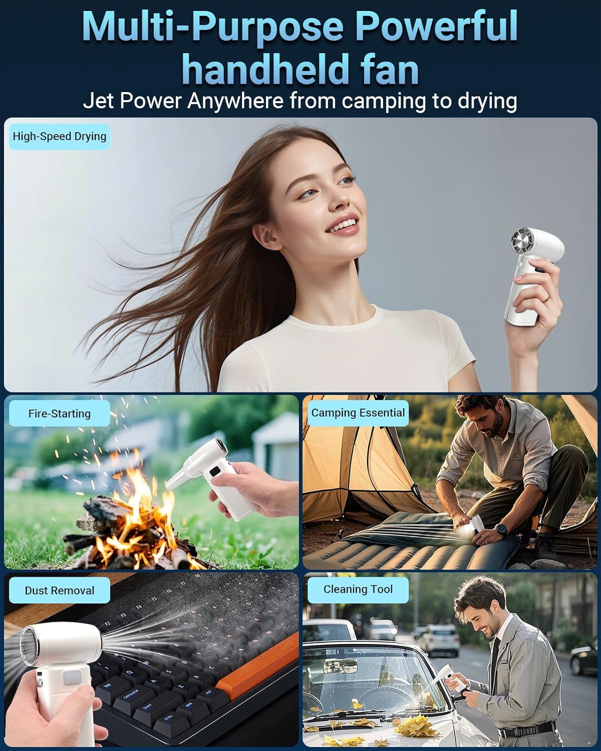 Handheld Mini Turbo Fan 120000RPM 6-Speed Turbo Power 9000mAh Portable High Speed Cooling Personal Fan with Digital Display LED Light for Travel Beach Camping (White)