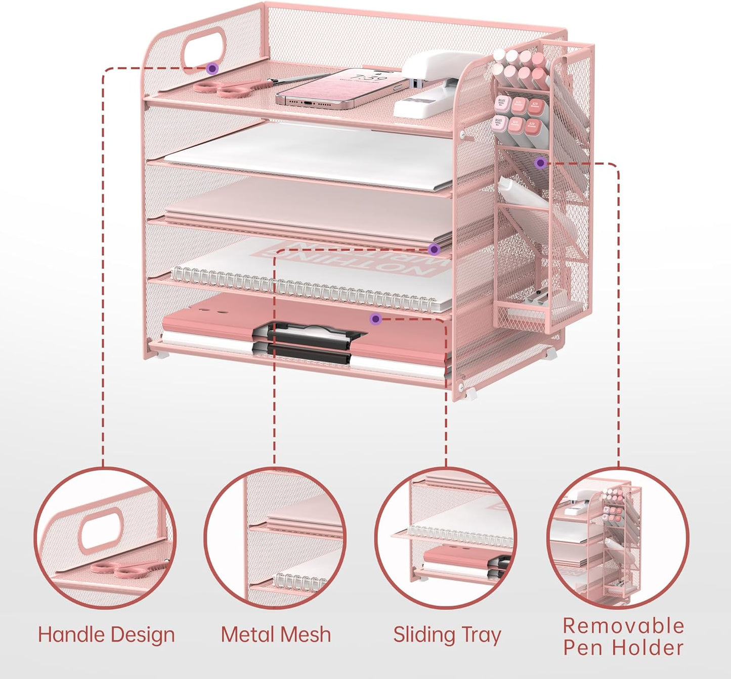 SUPEASY 5 Tier Desk Organizer with Handle & Removable Pen Holders, Mesh Paper/File Organizer for Desk, Paper Letter Tray Organizer for Office Supplies (Pink)