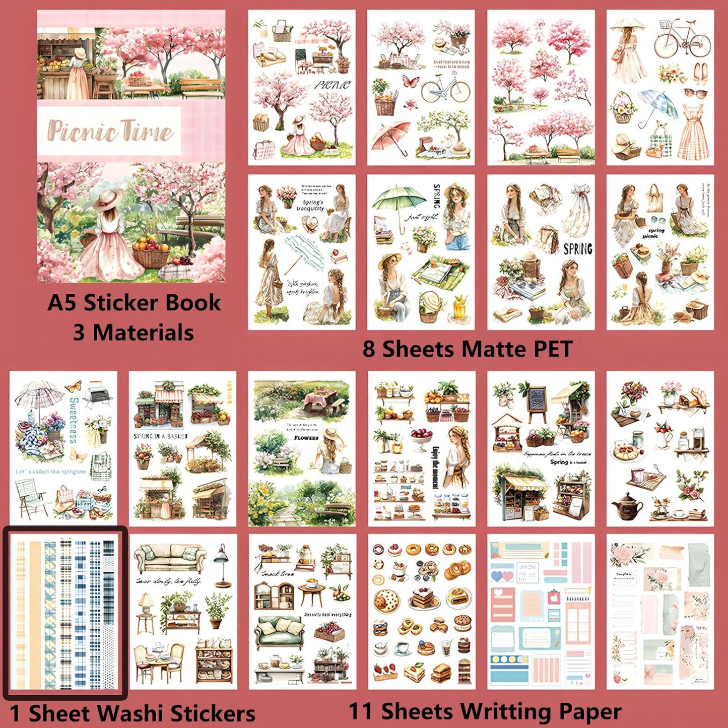 YagCu Scrapbook Sticker Book, Picnic Journaling Stickers, Junk Journal Supplies, Pre-Cut Aesthetic Scrapbooking for Adults, Decorative Ephemera Bullet Planner DIY Arts Craft Collage