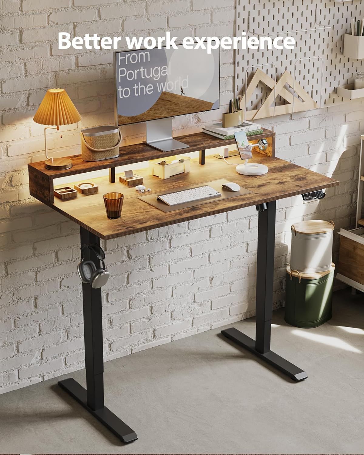 Electric Height Adjustable Standing Desk with Power Outlet and LED Light Strip, Sit to Stand, Ergonomic 48x24 Rising Desk with Memory Presets, Home Office Workstation, Computer Gaming Table, Brown