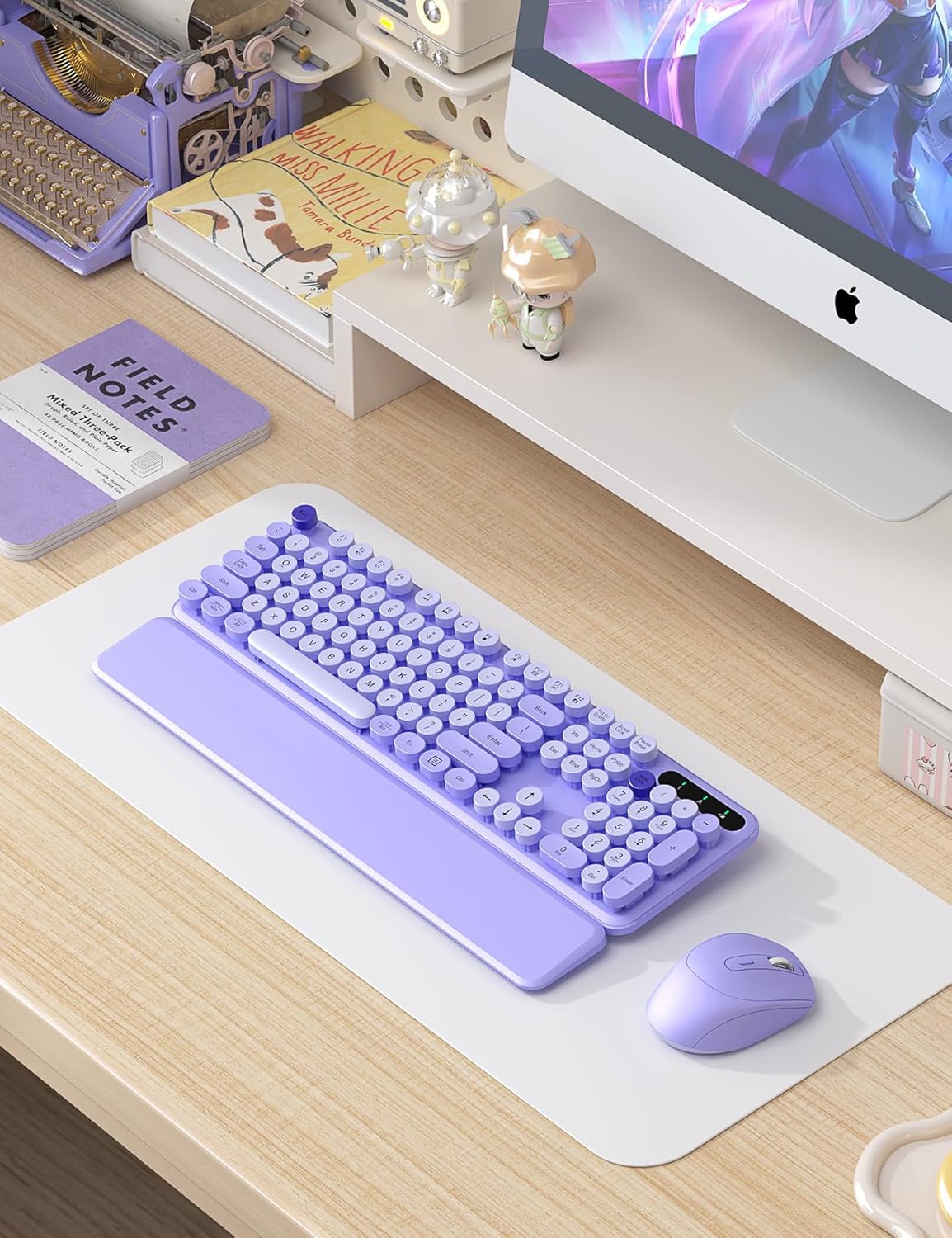 Wireless Keyboard and Mouse Combo - Cute Typewriter Keyboard with Detachable Wrist Rest, Retro Round Keycaps, Foldable Legs, 2.4GHz Full-Size Keyboard for PC, Laptop, Mac, Windows - Trueque (Purple)