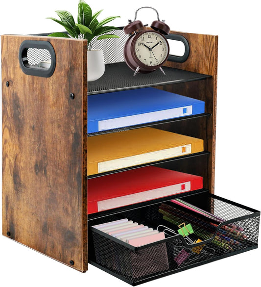 Wood Desk Organizer - 5-Tier Desktop File Organizer with Drawer, Wooden Paper Tray, Office Desk Organzier and Accessories for Papers, Mail, Notebooks, Stationery