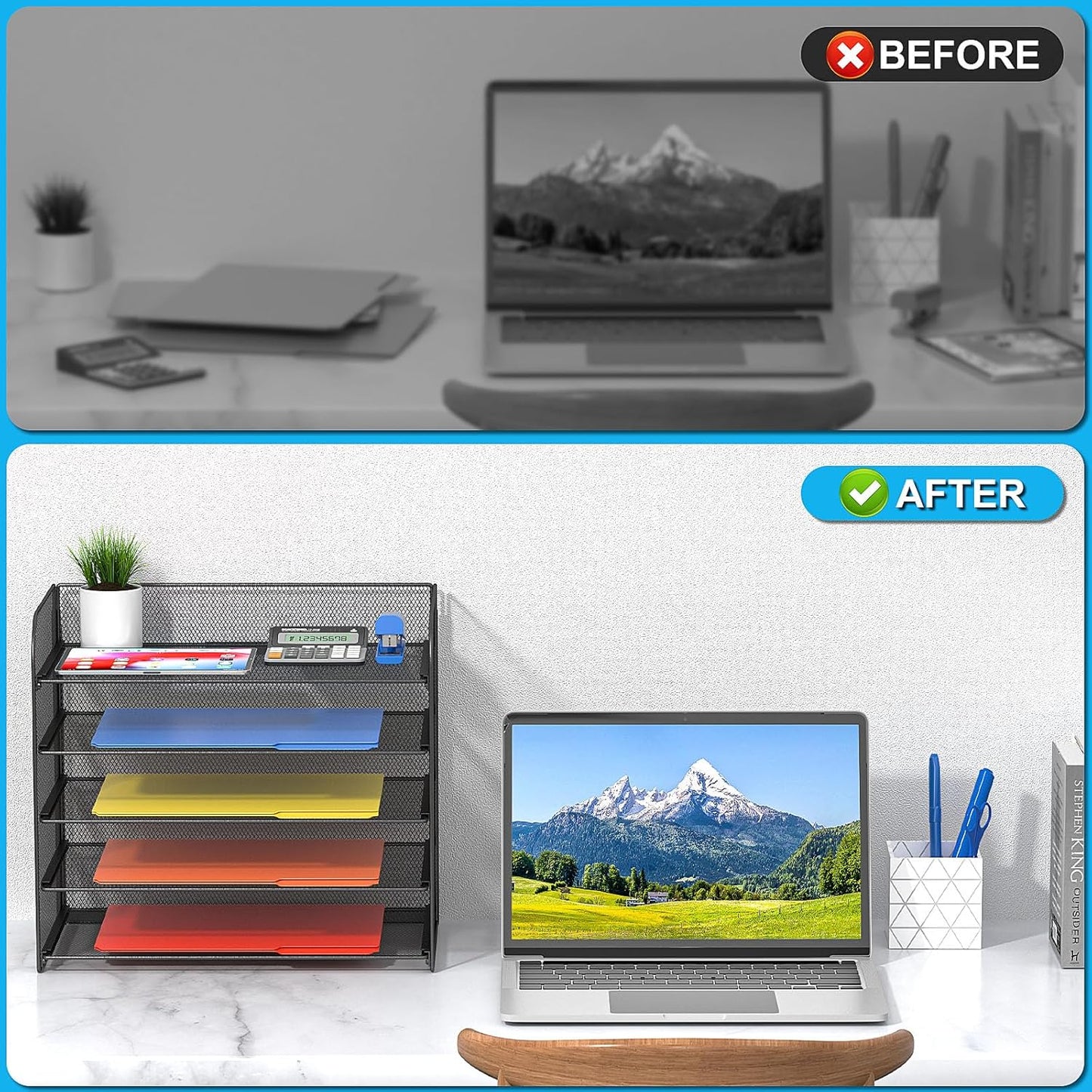 A4/Legal/Letter Size，5 Tier Mesh Letter Tray File Organizer,15.2 x 9.5 x 13.4 inches,Office File Folder Holder,Space Saving,Black