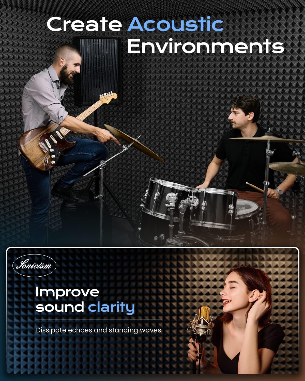 Sonicism Sound Proof Foam Panels for Walls Upgrade Self-Adhesive 8 Pack Pyramid 3"X12"X12" Acoustic Panels 35kg/m³High Density,Soundproof Wall Panels Fast Expand,Sound Absorption and Decoration,Black