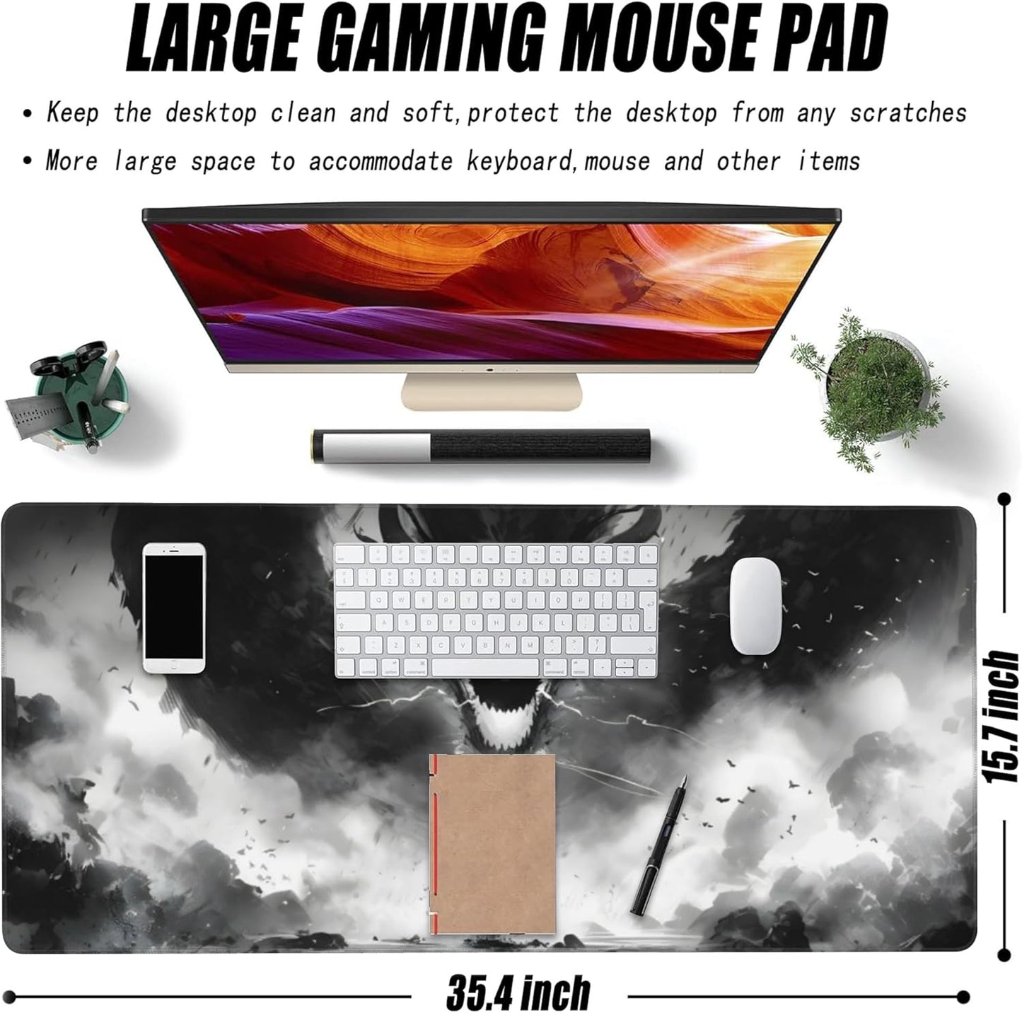 Extended Large Gaming Mouse Pad, Horror Anime Manga Large Desk Mat for Desktop XXL, Non-Slip Rubber Base Stitched Edges Long Computer Keyboard Desk Pad Mouse Mat for Gaming Home Office 35.4"X15.7"